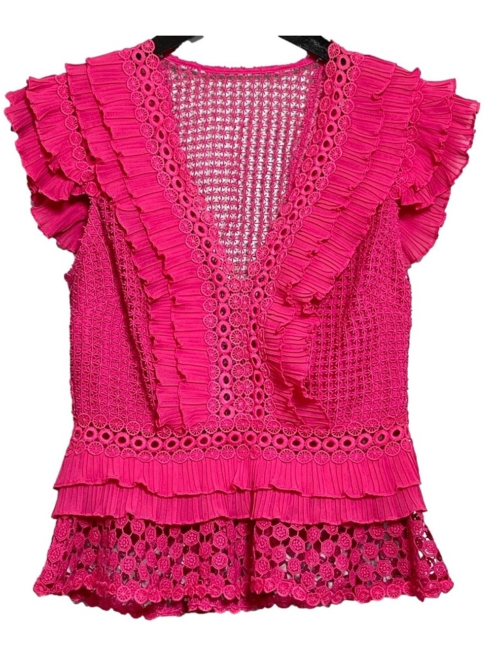 SAYLOR Pink Eyelet Ruffle Peplum Blouse Flutter Sleeve Boho Romantic Statement - Picture 3 of 16